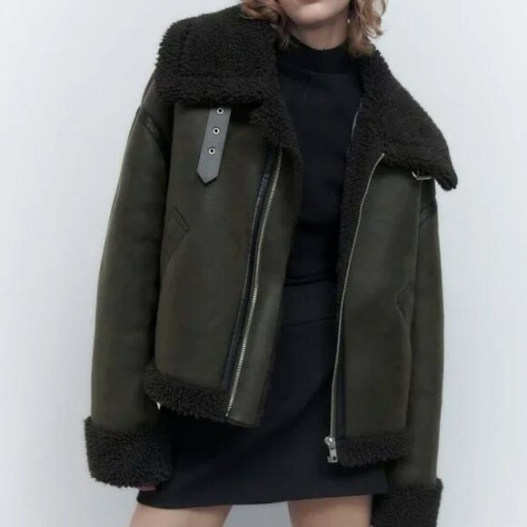 Zara Double Faced Aviator Faux Leather Jacket Size Small Green Shearling Sherpa - Picture 1 of 12